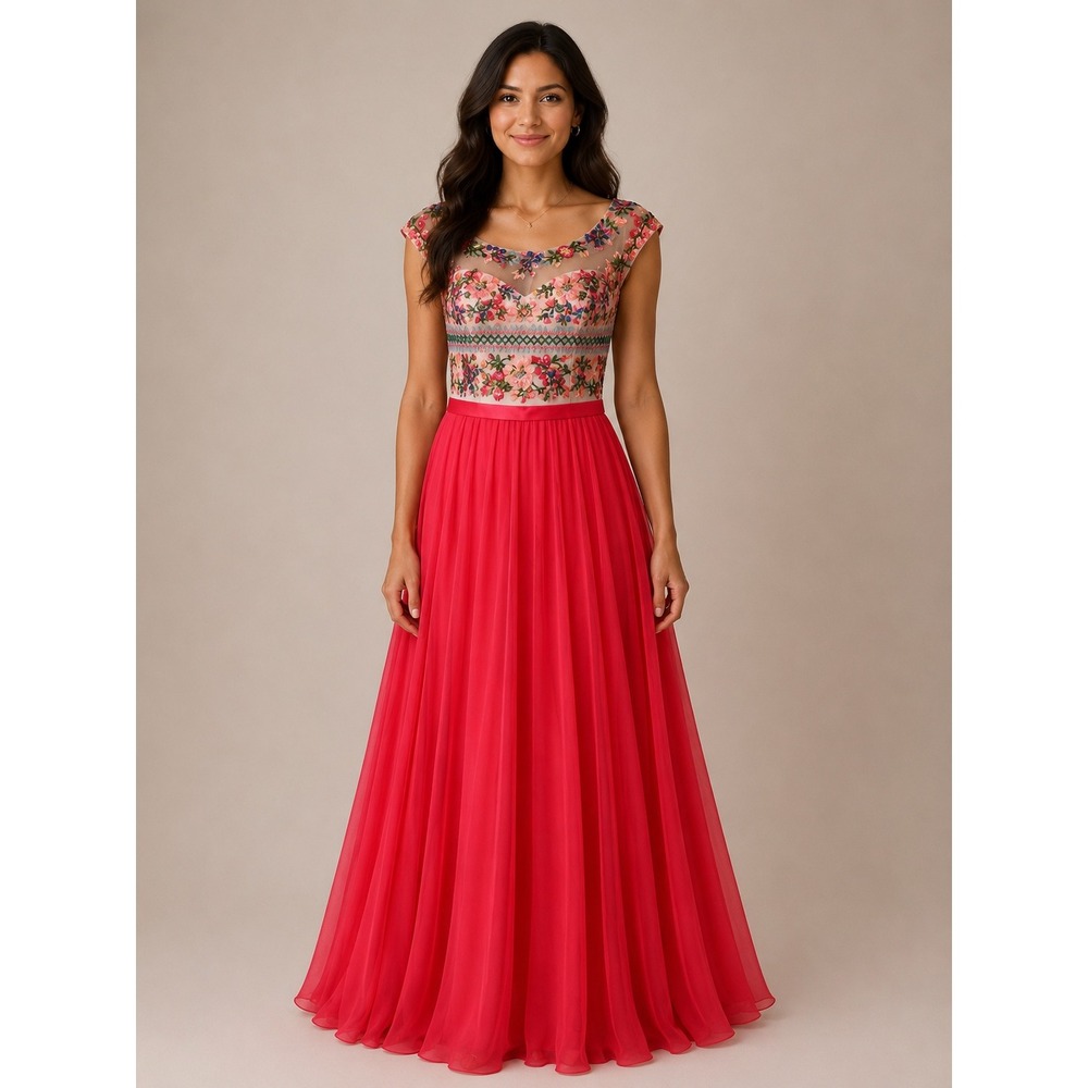 Sherri Hill Red Floral Embroidered Beaded Chiffon A-Line Evening Gown Dress 10